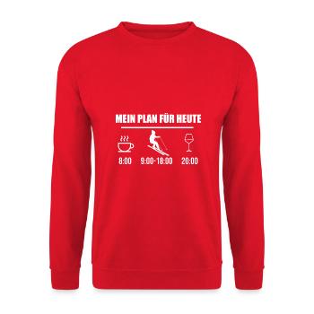 Mein Plan Apres Ski | Skifahrer Wein Spruch - Unisex Pullover - Rot - Vorne - Alina (178cm) & Michal (187cm)