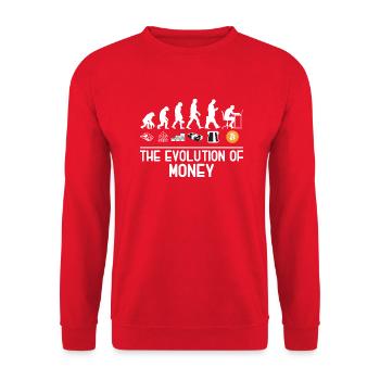 Bitcoin Shirt Evolution of money Cryptocurrency - Unisex Pullover - Rot - Vorne - Alina (178cm) & Michal (187cm)