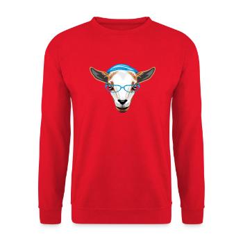 Smart young goat in blue hat and eyeglasses - Unisex Sweatshirt - red - Front - Alina (178cm) & Michal (187cm)