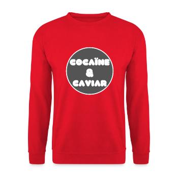 Kokain und Kaviar Geschenk Zitat schwarzer Humor - Unisex Pullover - Rot - Vorne - Alina (178cm) & Michal (187cm)