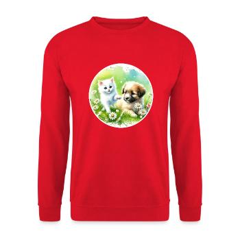 Hund und Katze in Harmonie - Unisex Pullover - Rot - Vorne - Alina (178cm) & Michal (187cm)