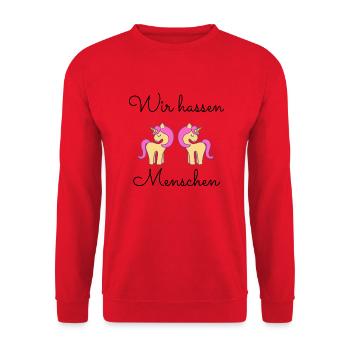 Wir hassen Menschen Einhorn - Unisex Pullover - Rot - Vorne - Alina (178cm) & Michal (187cm)