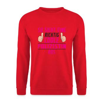 Polizistin | Spruch | Polizei| lustig - Unisex Pullover - Rot - Vorne - Alina (178cm) & Michal (187cm)