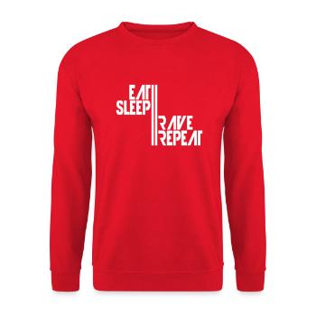 Eat Sleep Rave Repeat Essen Schlafen Raven Spruch - Unisex Pullover - Rot - Vorne - Alina (178cm) & Michal (187cm)