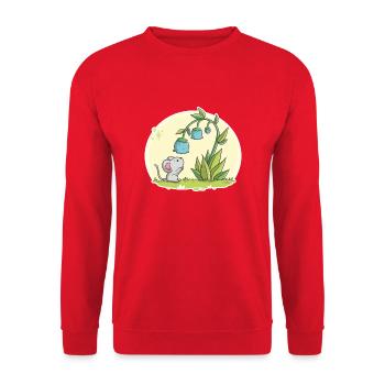 Niedliche Maus schaut in eine Blüte - Unisex Pullover - Rot - Vorne - Alina (178cm) & Michal (187cm)