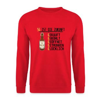 5G IST DIE ZUKUNFT | Bier Lustige Sprüche - Unisex Pullover - Rot - Vorne - Alina (178cm) & Michal (187cm)
