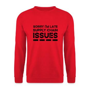 Sorry I'm Late. Supply Chain Issues - Unisex Pullover - Rot - Vorne - Alina (178cm) & Michal (187cm)