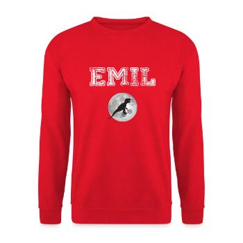 EMIL - Beautiful boy name with dinosaur - Unisex Sweatshirt - red - Front - Alina (178cm) & Michal (187cm)