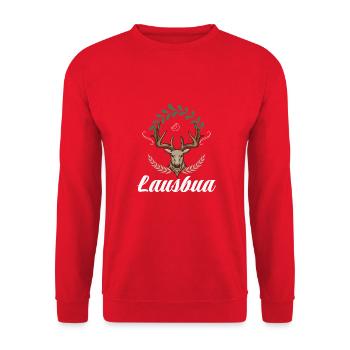 Lausbua Hirsch Lederhosen - Unisex Pullover - Rot - Vorne - Alina (178cm) & Michal (187cm)
