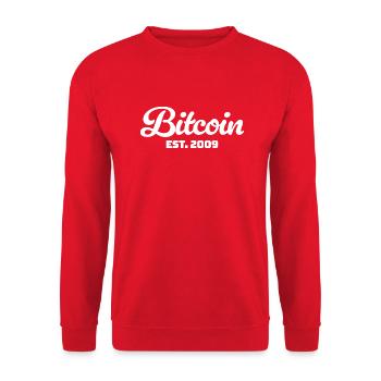 Bitcoin Est. 2009 – Klassisches Krypto Design - Unisex Pullover - Rot - Vorne - Alina (178cm) & Michal (187cm)