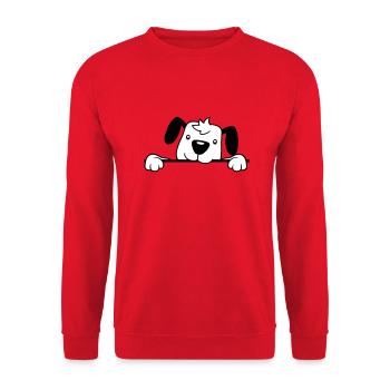 chien derrière le mur clôture signe regarder heureux mignon - Sweat-shirt Unisexe - rouge - Devant - Alina (178cm) & Michal (187cm)
