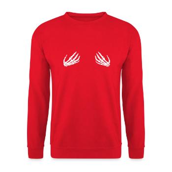Skeletthände auf Brüsten - Unisex Pullover - Rot - Vorne - Alina (178cm) & Michal (187cm)