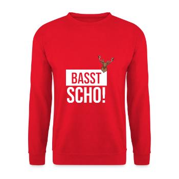 Basst Scho | Trachten Hirsch - Unisex Pullover - Rot - Vorne - Alina (178cm) & Michal (187cm)