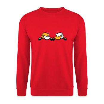 Attelage de 2 chevaux caché derrière le mur de clôture Friend - Sweat-shirt Unisexe - rouge - Devant - Alina (178cm) & Michal (187cm)