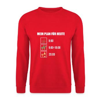 Mein Plan Reiten | Reiter Pferde Wein Spruch - Unisex Pullover - Rot - Vorne - Alina (178cm) & Michal (187cm)