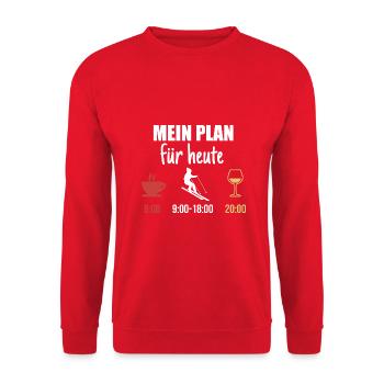 Mein Plan Apres Ski | Skifahrer Wein Spruch - Unisex Pullover - Rot - Vorne - Alina (178cm) & Michal (187cm)