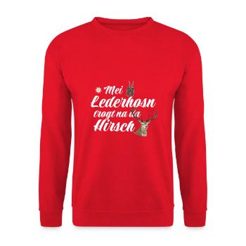 Basst Scho | Trachten Hirsch - Unisex Pullover - Rot - Vorne - Alina (178cm) & Michal (187cm)