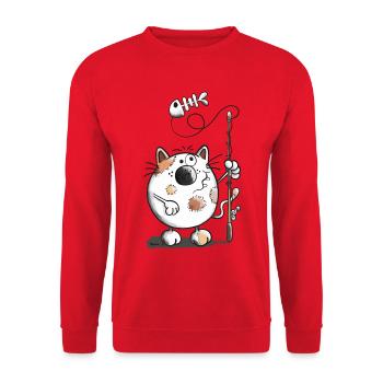 Katze Beim Angeln Cartoon Fischgräte  - Unisex Pullover - Rot - Vorne - Alina (178cm) & Michal (187cm)