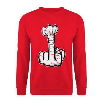 Mittelfinger Stinkefinger Kochmütze Design - Unisex Pullover - Rot - Vorne - Alina (178cm) & Michal (187cm)