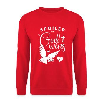 Spoiler: God Wins - Christian Faith God Saying - Unisex Sweatshirt - red - Front - Alina (178cm) & Michal (187cm)