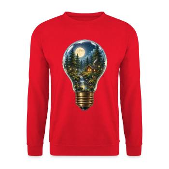 Mondbeschienene Waldhütte im Inneren der Glühbirne - Unisex Pullover - Rot - Vorne - Alina (178cm) & Michal (187cm)