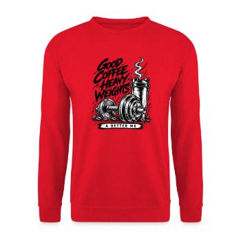 Good Coffee Heavy Weights – Fitnessstudio & Kaffee - Unisex Pullover - Rot - Vorne - Alina (178cm) & Michal (187cm)