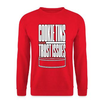 Keksdose – Cookie Tins Have Trust Issues - Unisex Pullover - Rot - Vorne - Alina (178cm) & Michal (187cm)