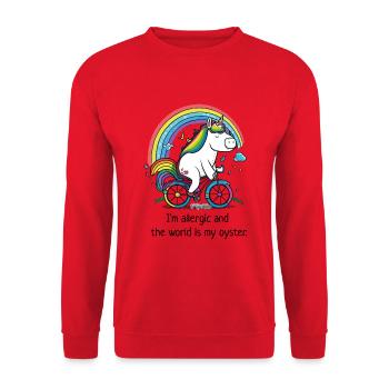 Unicorn on a bike with the slogan "allergic" - Unisex Sweatshirt - red - Front - Alina (178cm) & Michal (187cm)