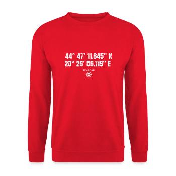 Belgrad Geocacher Koordinaten Geschenk Europa - Unisex Pullover - Rot - Vorne - Alina (178cm) & Michal (187cm)