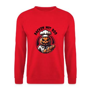 Halloween Kürbis mit Bäckermütze und Brot - Unisex Pullover - Rot - Vorne - Alina (178cm) & Michal (187cm)