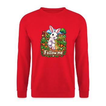 Folge mir: Osterhase im Garten - Unisex Pullover - Rot - Vorne - Alina (178cm) & Michal (187cm)