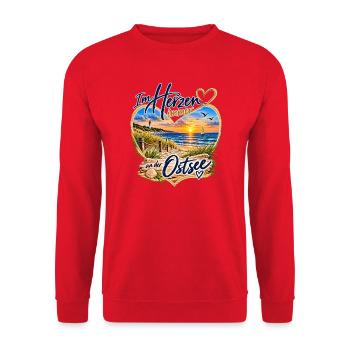 Ostsee Herz am Strand - Unisex Pullover - Rot - Vorne - Alina (178cm) & Michal (187cm)