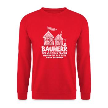 Bauherr: Fragen an die Bauherrin - Bauherr - Unisex Pullover - Rot - Vorne - Alina (178cm) & Michal (187cm)