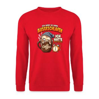 Nachtschicht: Müde Eule mit Kaffee - Unisex Pullover - Rot - Vorne - Alina (178cm) & Michal (187cm)