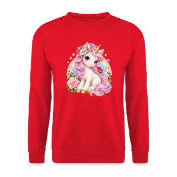 Märcheneinhorn mit Regenbogen und Blumen - Unisex Pullover - Rot - Vorne - Alina (178cm) & Michal (187cm)