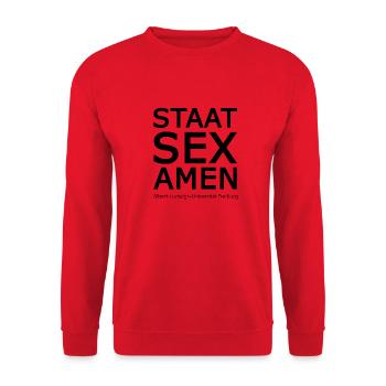 StaatSexAmen Jurastudium Merch Wortspiel - Unisex Pullover - Rot - Vorne - Alina (178cm) & Michal (187cm)