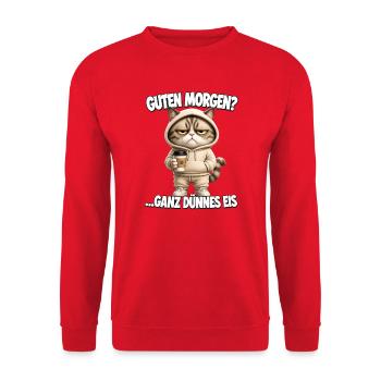 Lustiges Morgenmuffel Design mit Kaffee - Unisex Pullover - Rot - Vorne - Alina (178cm) & Michal (187cm)