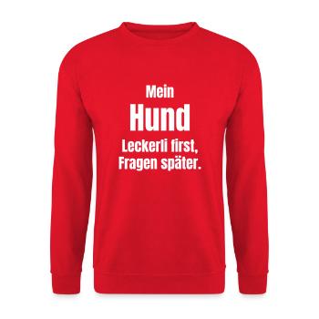 Mein Hund frisst erst die Leckerli - Unisex Pullover - Rot - Vorne - Alina (178cm) & Michal (187cm)