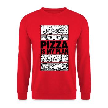 Pizza Is My Plan – Katzen Comic - Unisex Pullover - Rot - Vorne - Alina (178cm) & Michal (187cm)