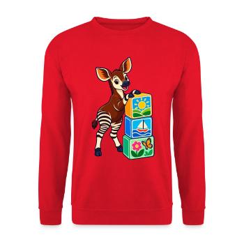 Fröhliches Okapi mit bunten Bilderwürfeln - Unisex Pullover - Rot - Vorne - Alina (178cm) & Michal (187cm)