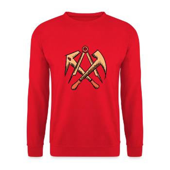 Dachdecker Zunftzeichen, handgezeichnet. Zeichnung - Unisex Pullover - Rot - Vorne - Alina (178cm) & Michal (187cm)