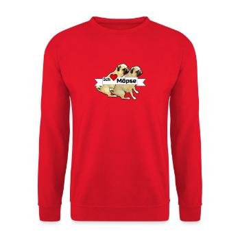 Ich liebe Möpse Mops, Hund, Geschenk Sprüche - Unisex Pullover - Rot - Vorne - Alina (178cm) & Michal (187cm)