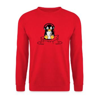 Cooler Pinguin mit Kopfhörern auf Eis - Unisex Pullover - Rot - Vorne - Alina (178cm) & Michal (187cm)