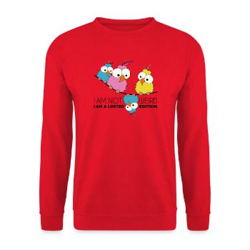 Pas bizarre. Je suis une édition limitée. Oiseaux sur un fil - Sweat-shirt Unisexe - rouge - Devant - Alina (178cm) & Michal (187cm)