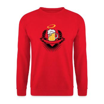Bierkrug mit Weizenähren und Heiligenschein - Unisex Pullover - Rot - Vorne - Alina (178cm) & Michal (187cm)