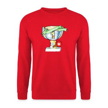 Siegerpokal mit grünem Band und Schläger - Unisex Pullover - Rot - Vorne - Alina (178cm) & Michal (187cm)