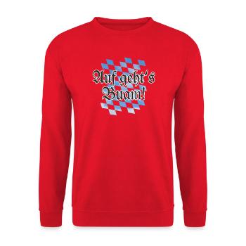 Auf geht's Buam Bayern Spruch mit Rauten - Unisex Pullover - Rot - Vorne - Alina (178cm) & Michal (187cm)