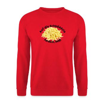 Auf die Spätzle ferdich, Soß!!! - Unisex Pullover - Rot - Vorne - Alina (178cm) & Michal (187cm)