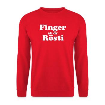 Finger ab dr Rösti – Lustiges Berndeutsch Motiv - Unisex Pullover - Rot - Vorne - Alina (178cm) & Michal (187cm)