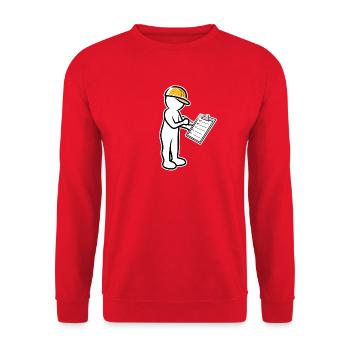 Männchen mit Helm und Checkliste auf Baustelle - Unisex Pullover - Rot - Vorne - Alina (178cm) & Michal (187cm)